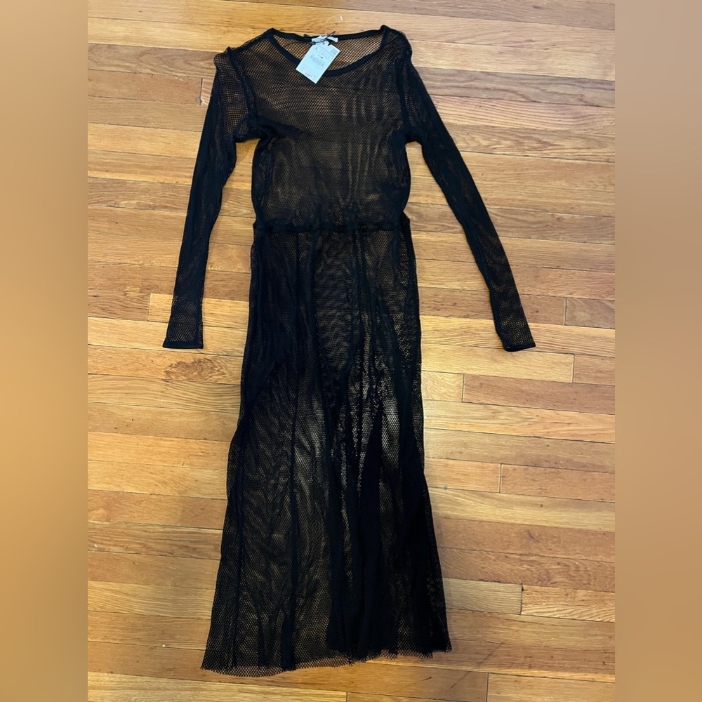Zara mesh black long sleeve dress L midi new